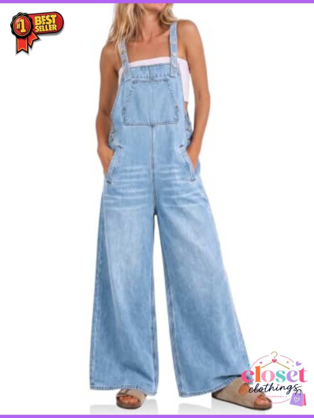 Womens Bib Denim Overalls Adjustable Straps Flared Wide Leg Jean Jumpsuit